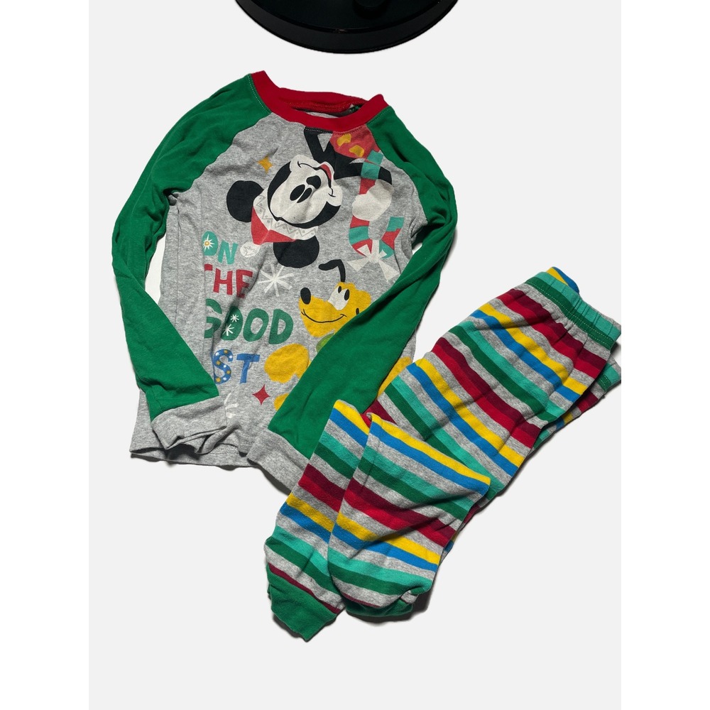 Disney Pajama Set Kids Size 7 Gray Green Mickey Pluto Christmas Holiday Sleepwea